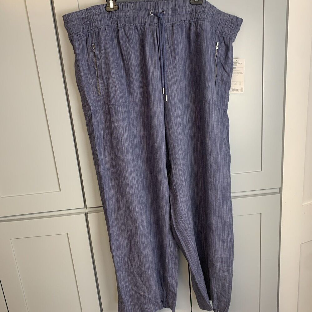 Athleta Cabo Women Pants 26 Sz 3XL Blue Linen Texture  Wide Leg‎ Elastic Pull On